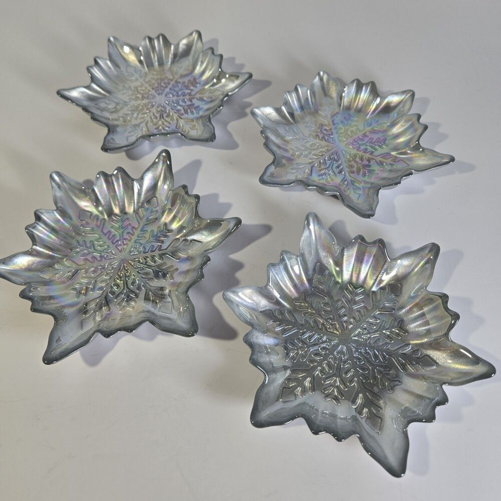Akcam Turkish Glass Snowflake Dessert Plates Set of 4 Iridescent Pearl 6"